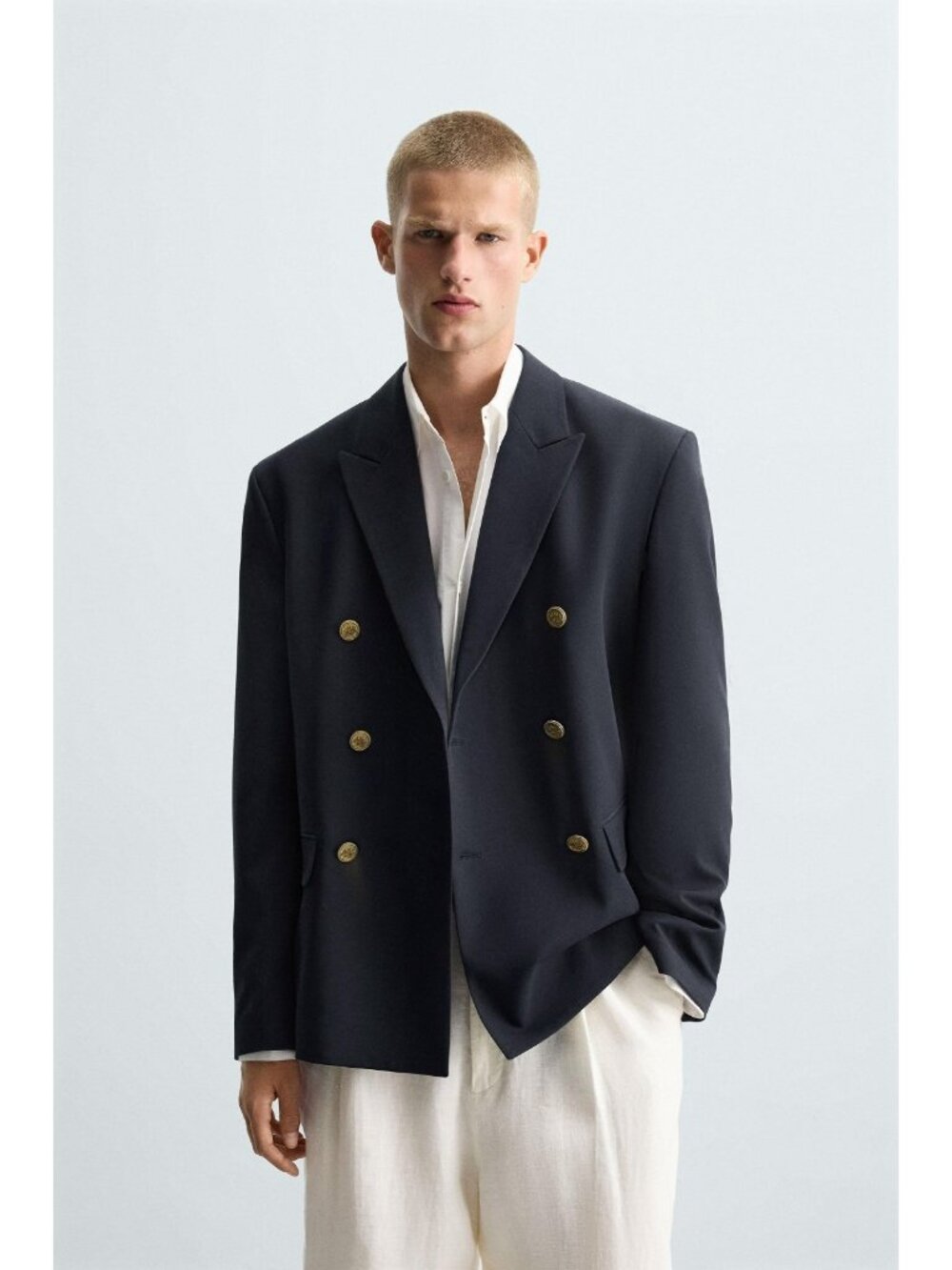 Zara Men Double-Breasted Blazer EU 50 US 40 Navy Blue Gold Buttons 5893/907 NWOT